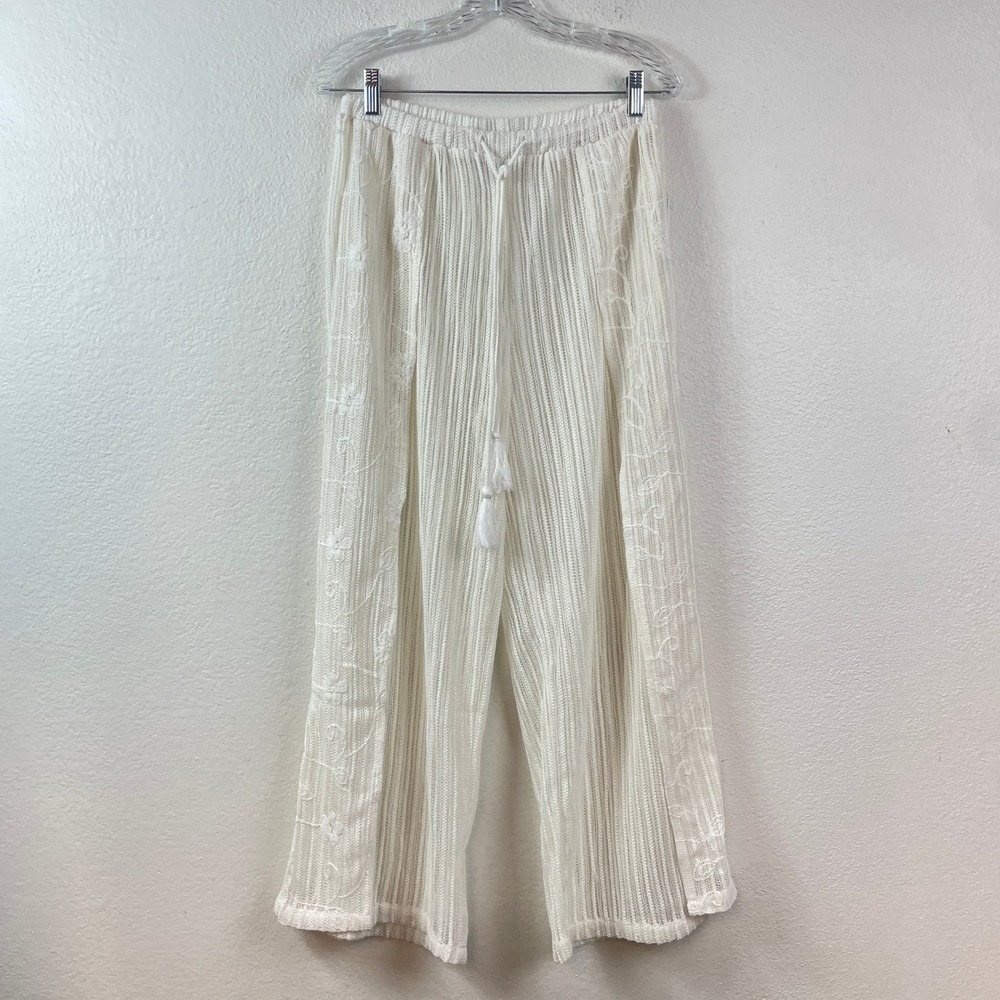Aruba Blue Womens White Crochet Knit Wide Leg Beach Cover Up Pants Small Slit